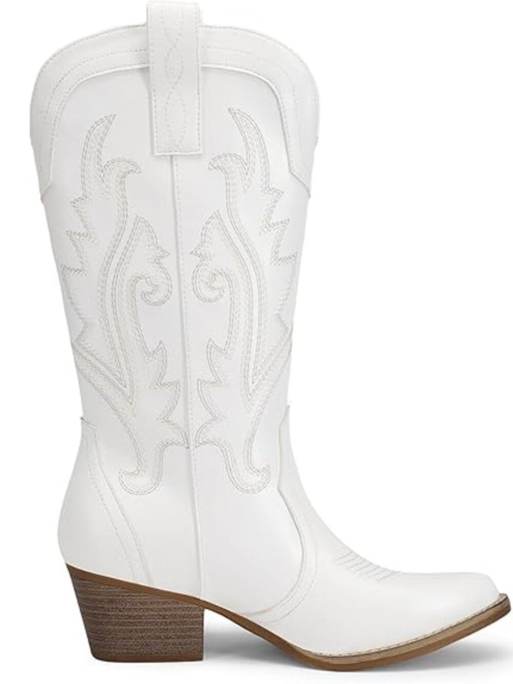 Women's White Faux Leather Mid Calf Cowgirl Boots Point Toe Chunky Heel Boots